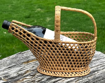 Vintage rotan rieten wijnfleshouder halverwege de eeuw