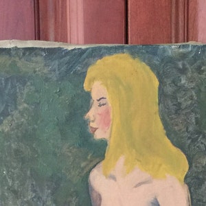 Vintage PAINTING Lovely Naked LADY Portrait Blonde Brenda 70&#39;s Folk Art Pin Up Art School 14 x 18 Brenda! Wall Hanging Canvas Art Class