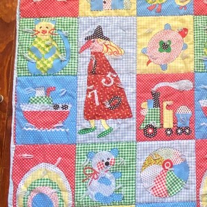 1960s Vintage BLANKET BEDSPREAD Crib Quilt Patchwork 42 x 60 Alphabets WiTCH LoVE AnImALS Wall Hanging Throw Sixties Design Rainbows