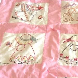 Vintage PATCHWORK QUILT Sun BONNET Girl W Flowers Blanket Wall Hanging Crib Quilt 48 x 40 Pink W Ruffles