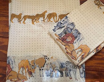 Vintage SAFARI Animals Twin SHEETS & CURTAIN Panels 1970s Polka DoT Jungle Print Lady Pepperel Dead Stock Bedding