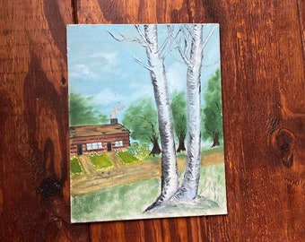 LoVELY 1950s Painting LOG CABIN SCENE Catskills Vintage N.Y.Birch Trees