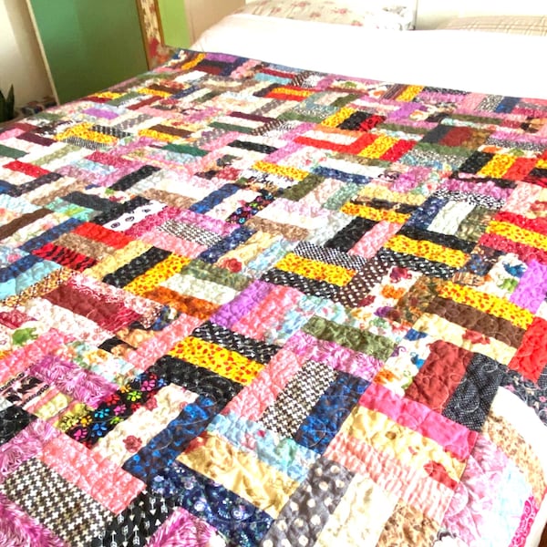 Vintage Patchwork Crazy Quilt Bedspread: Handmade 60" Square