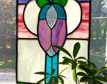 BeAUTIFUL Vintage STAINED GLASS WOODSTOcK ART 70's Wall Hanging Flower