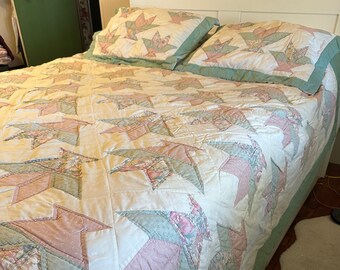 Vintage FLoWER POT PATCHWORK QUILT & 2 PiLLOWCASES ShAMS FaRMHOUSE Cotton Floral BEDSpREAD