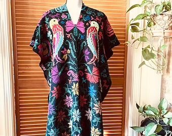 Embroidered Mexican Poncho: 1970s Boho Cape with Fringe