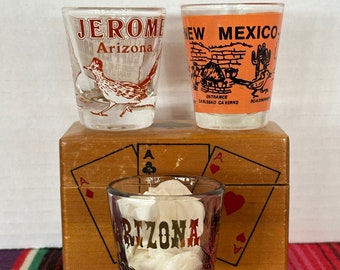3 Vintage Roadrunner Shot Glasses - Jerome ARIZONA & New MEXICO 1960s Novelty Barware Set