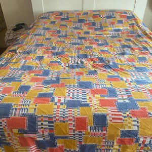 70s Vintage King Flat Sheet: Patchwork Geometric Print Bedding