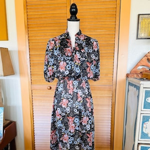 80s Black Floral Dress: Vintage Sheer Eighties Party Dress