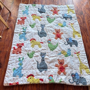 1960s Patchwork Baby Blanket: Handmade Animal Print Crib Quilt