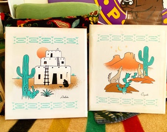 PaIR VINTAGE PuEBLO Cactus SOUTHWESTERN PiCTURES PRINTS Canvas SouTHWEST ArT