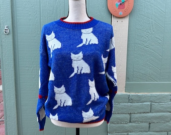 EiGHTiES Vintage CATS & HEARTS SWEATER Blue With SiLVER Lurex KiTTEN CaT HeART LoVE 1980s