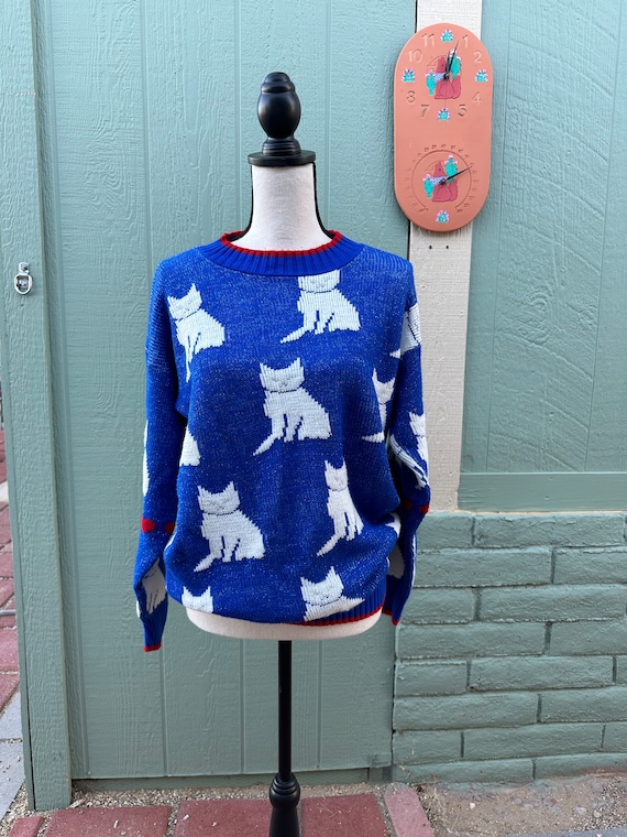 EiGHTiES Vintage CATS & HEARTS SWEATER Blue With … - image 1