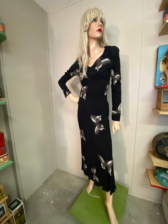 Gorgeous VINTAGE RAYON Maxi DRESS 1970s Black Butt