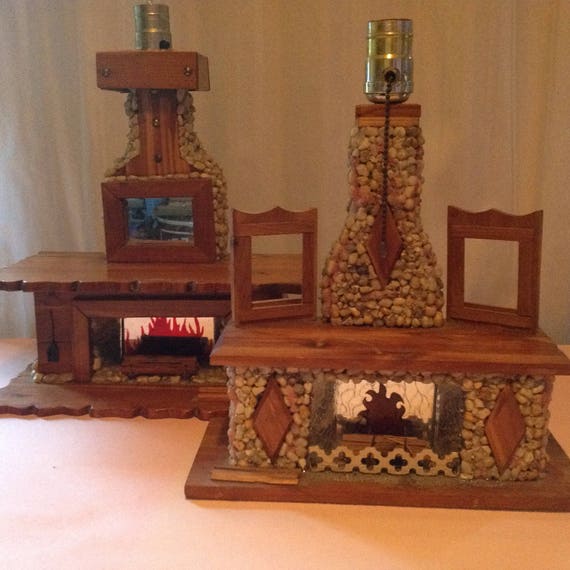 Sweet Cabin Table Lamps Folk Art Hand Made Fireplace Lights Etsy