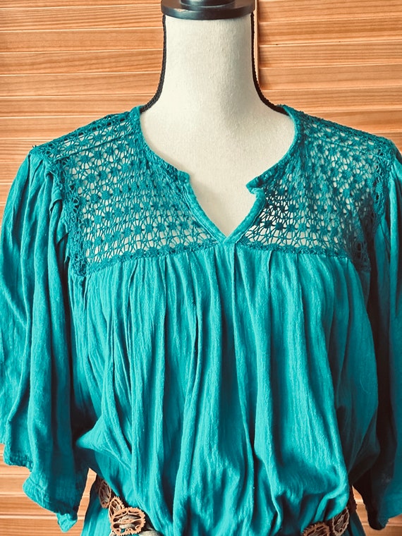 Vintage MEXICAN Puebla DRESS CoTTON 90s w Lace - image 3