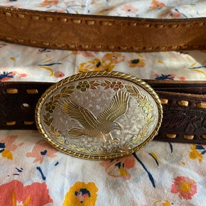 Vintage TOOLED LEATHER BELT & EaGLE Buckle NiCELY Worn 38 U S A