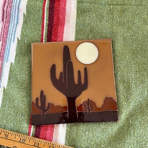 SAGUARO TILE Desert SCENE Moon CACtUS ViNTAGE CLaY Terracotta Hot Plate 6&quot; Sq Trivet Wall Hanging Southwestern Decor  Made In Italy