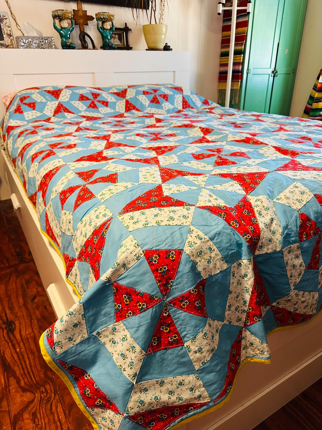 1950s Gorgeous Vintage PATCHWORK Windmill Floral QUILT BEDSPREAD 72” X ...