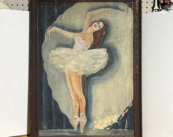 1932 BALLERINA OIL PAINTING Beautiful Folk Art Vintage Outsider Framed