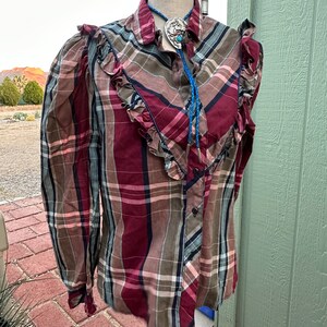 Vintage Western PLAID RUFFLED BLOUSE Puffy Sleeves L 80s image 7