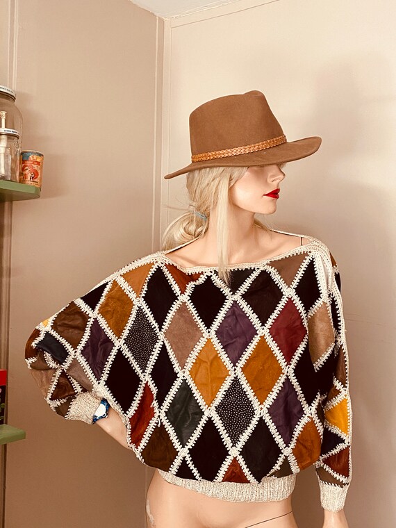 80’s LEATHER Diamond PATCHWORK SWEATER Vintage