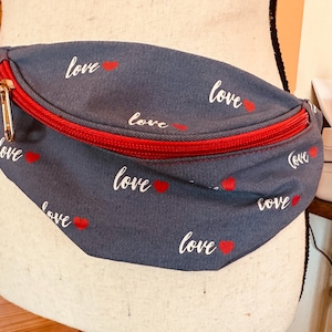 Vintage 90&#39;s Denim Fanny Pack: LOVE & Red Hearts Waist Bag