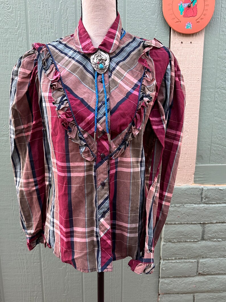 Vintage Western PLAID RUFFLED BLOUSE Puffy Sleeves L 80s image 10