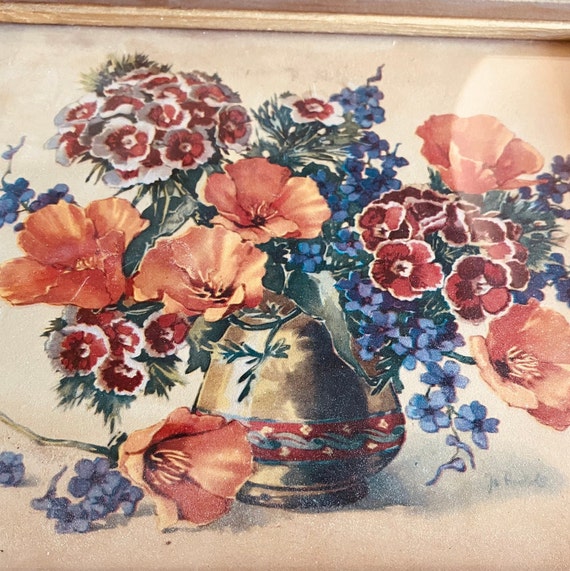 AnTIQUE 1940’s JEWELRY BOX w MIRROR Flowers Pansi… - image 8