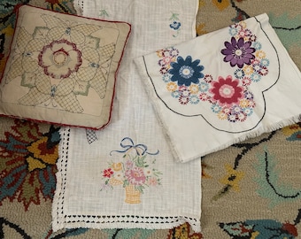 SaLE LOT Of 3 EMBROIDERED Vintage RUNNERS & Pillow CoTTon Sale CRAFtING REcYCLE ReuS