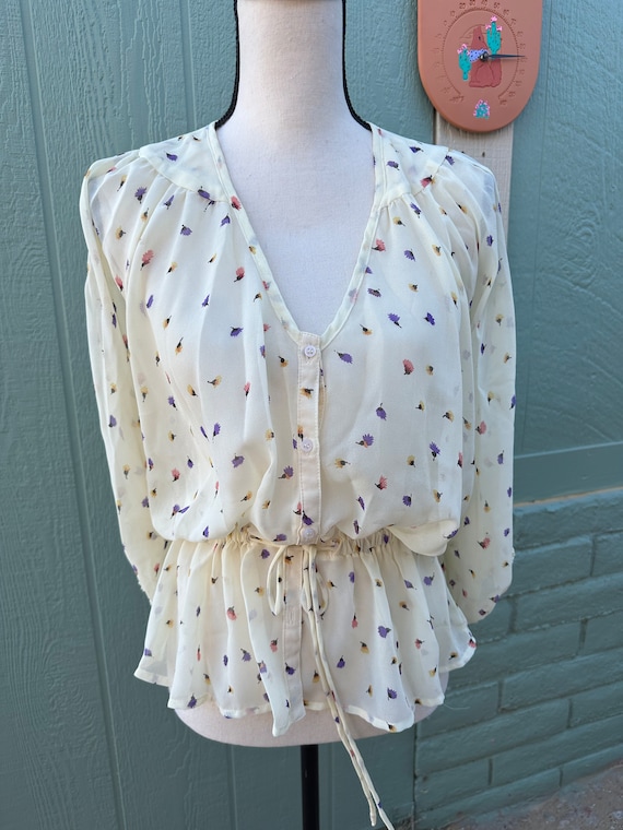 80’s Black Blue Brown Floral Paisley Sheer Short-Sleeve Peasant Top by A. Byer main image 0