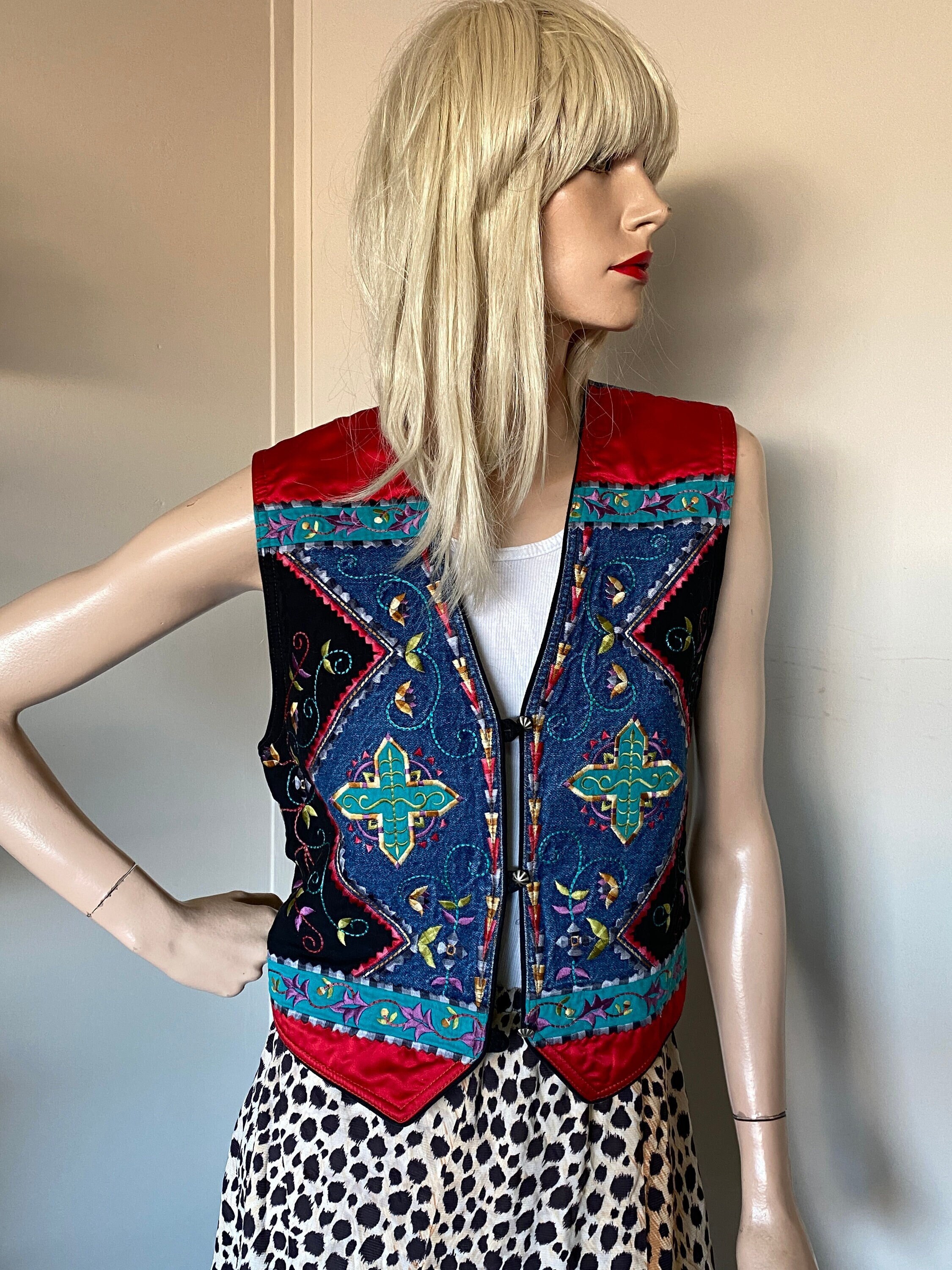 Sale 80s EMBROIDERED DENIM VEST Vintage 