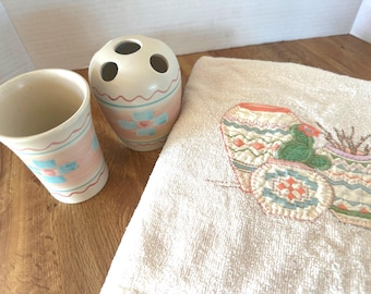 80’s Set ViNTAGE TOOTHBRUSH HoLDER & CUP And TOWEL Southwestern Bathroom Decor
