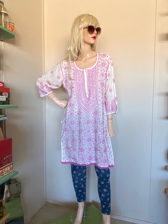 1970s INDIA Hand EMBROIDERED DRESS L Vintage Hippi