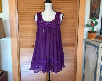 Vintage Mexican Gauze Mini Dress: Cotton Ribbon Lace Trim, 90s Tulum
