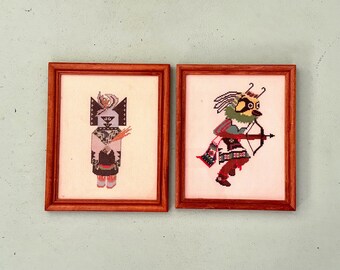 Pair 1970s NEEDLEPOINT Vintage KACHINA DOLLS Wall Hangings Navajo Art