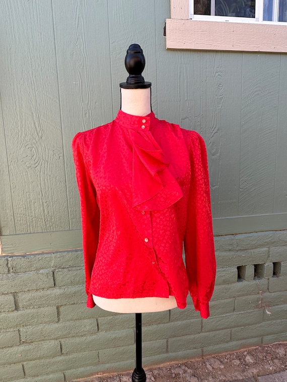 HoT VINTAGE RED 80s BoW BLOUSE Silky Sexy Secretar