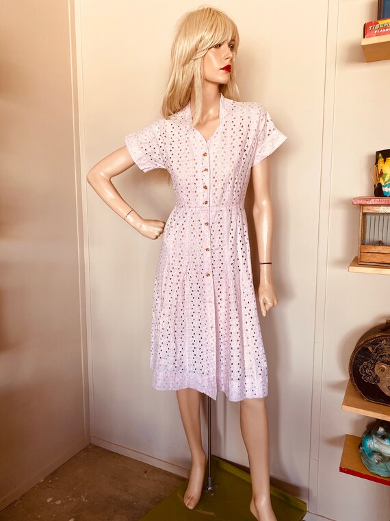 Vintage Pink EYELET DRESS 1950’s COTTON
