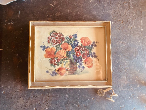 AnTIQUE 1940’s JEWELRY BOX w MIRROR Flowers Pansi… - image 9