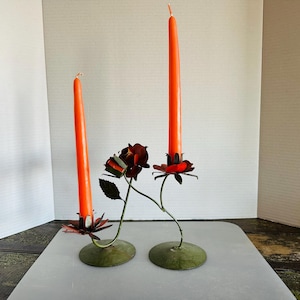 Pr ViNTAGE Italian CANDLE Stick HOLDERS Toleware 1970’s Flowers Orange & Green As Is