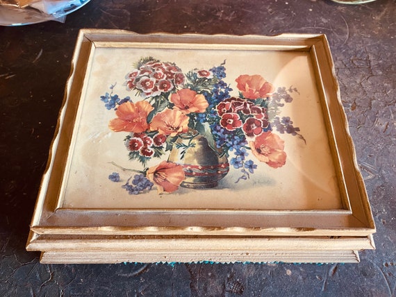 AnTIQUE 1940’s JEWELRY BOX w MIRROR Flowers Pansi… - image 2