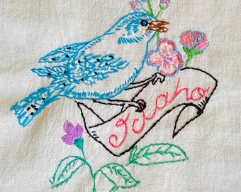 Vintage EMBROIDERED State Birds TABLECLOTH IDAHO Blue Jay Fabric Dish Cloth