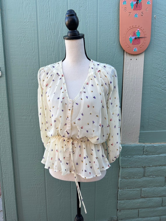 80’s Black Blue Brown Floral Paisley Sheer Short-Sleeve Peasant Top by A. Byer main image 1