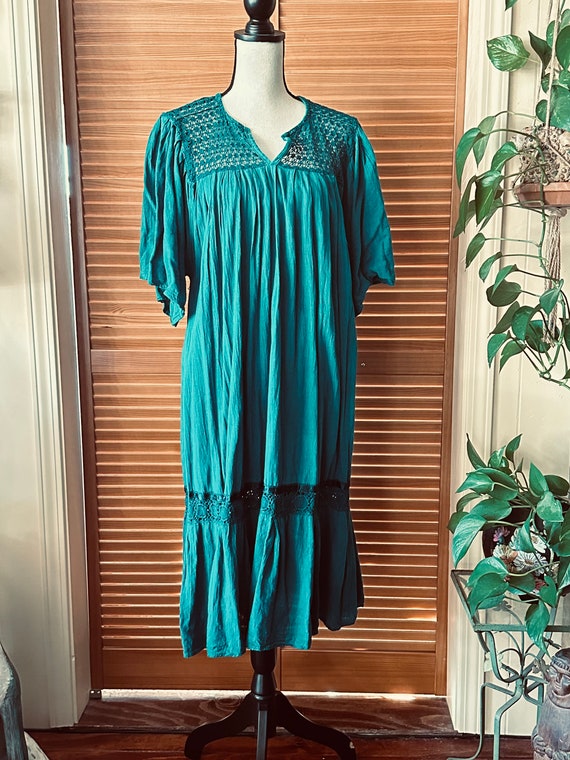 Vintage MEXICAN Puebla DRESS CoTTON 90s w Lace - image 6