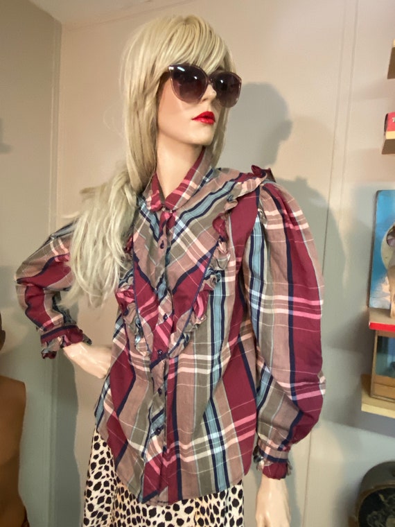 Vintage Western PLAID RUFFLED BLOUSE Puffy Sleeve