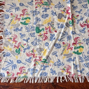 ViNTAGE 1940’s TABLECLOTH MEXICAN Desert MEXICO CACTuS Textiles Material Fabric Colorful 32 x 36 Fringed Edge Soft Cotton Card Table