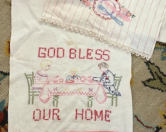 Pair Embroidered "God Bless Our Home" Vintage Dishtowel Set: 1950s Kitchen Decor