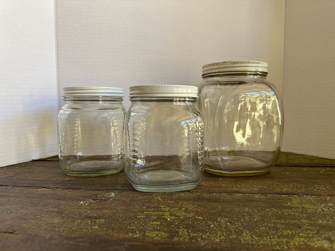 Vintage Glass STORAGE JARS Metal LIDS - Etsy