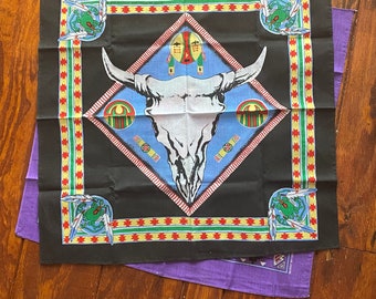 Vintage Steer SKULL BANDANA  SOUTHWEST Design American Indian 80’s U S A Kerchief Bandanna