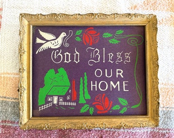 1940’s Vintage GOD BLESS OuR HOME SiGN FRaMED Cardboard RoSES BiRD